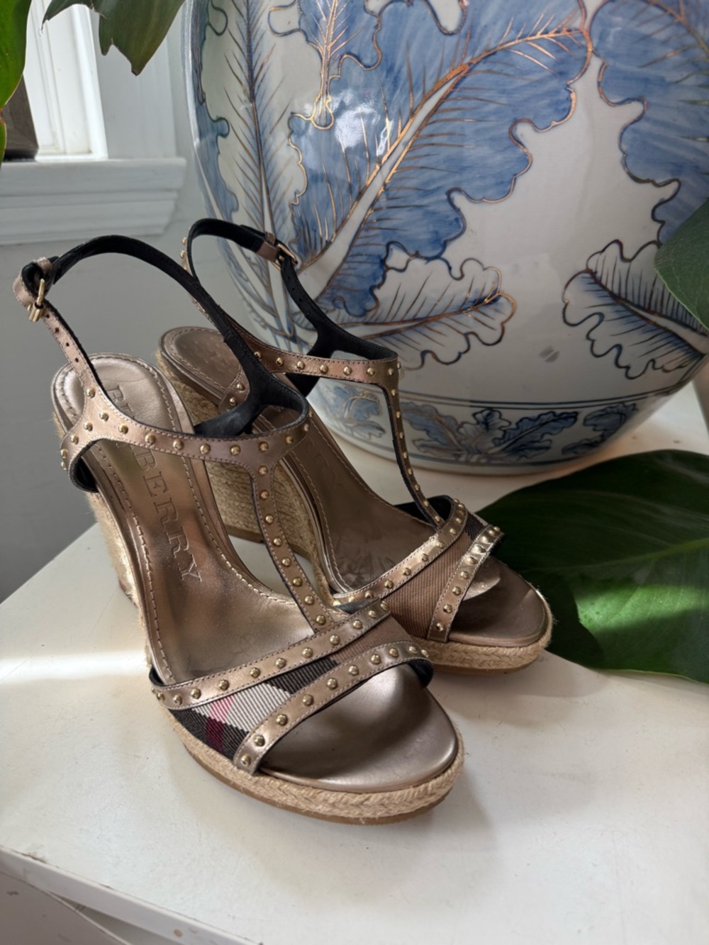 Burberry Laleham studded Novacheck espadrille wedge sandals. 
worn once